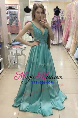 Popular Green Prom and For with Beading V-neck Sleeveless Sweep Train Zipper