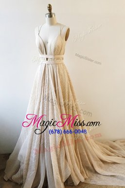 Super Champagne A-line Lace V-neck Sleeveless Lace and Sashes|ribbons With Train Backless Homecoming Dress Court Train
