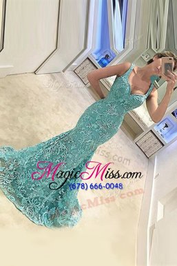 New Style Mermaid Turquoise Sleeveless With Train Appliques Zipper Dress for Prom