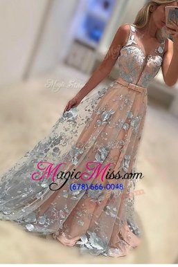 Fitting With Train Coral Red Dress for Prom Lace Sweep Train Sleeveless Lace and Bowknot