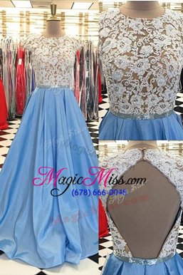 On Sale Blue A-line Scoop Cap Sleeves Satin Sweep Train Backless Beading and Lace Evening Dress
