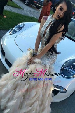 Extravagant Champagne Mermaid High-neck Sleeveless Sequined Floor Length Zipper Beading Dress for Prom