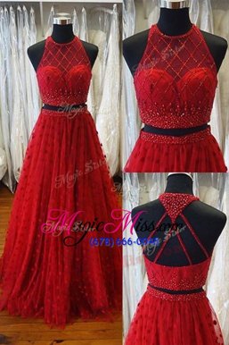 Fitting Scoop Sleeveless Tulle Sweep Train Backless Dress for Prom in Red for with Beading and Appliques