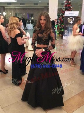 Delicate Scoop Black Satin Zipper Homecoming Dress Long Sleeves Floor Length Lace