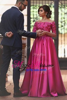 Chic Fuchsia Zipper Off The Shoulder Appliques Homecoming Dress Satin Long Sleeves Sweep Train