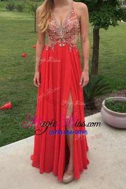Chic Red Backless V-neck Beading Dress for Prom Chiffon Sleeveless