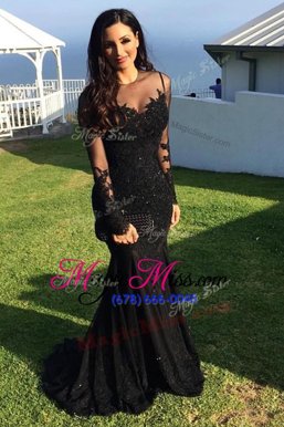 On Sale Scoop Black Mermaid Beading and Lace Prom Dresses Zipper Tulle Long Sleeves
