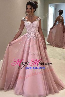 Colorful V-neck Sleeveless Tulle Prom Dress Appliques Sweep Train Zipper