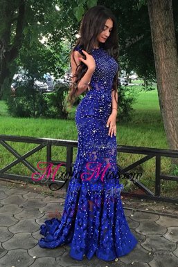 Luxurious Mermaid Scoop Lace Sleeveless Sweep Train Backless With Train Beading Prom Dress