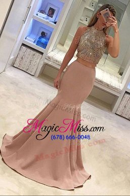 Edgy Mermaid Scoop Sleeveless Elastic Woven Satin With Train Sweep Train Zipper Evening Dress in Peach for with Beading