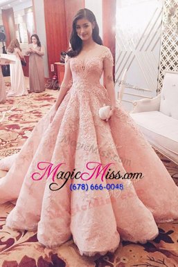 Gorgeous Sweetheart Short Sleeves Dress for Prom With Train Sweep Train Lace Pink Tulle