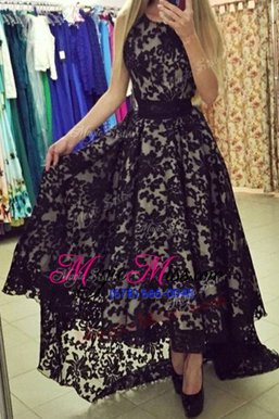 Classical Black A-line Lace Scoop Sleeveless Lace Asymmetrical Zipper Evening Dress