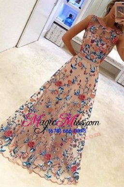 Noble Scoop Sleeveless Tulle Floor Length Zipper Prom Dresses in Champagne for with Hand Made Flower