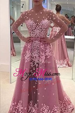 Rose Pink Zipper Evening Dress Appliques Long Sleeves With Train Sweep Train