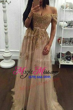 High Quality Sweep Train A-line Prom Party Dress Champagne Off The Shoulder Tulle Short Sleeves With Train Zipper