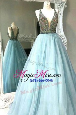 Custom Fit Light Blue Chiffon Backless Dress for Prom Sleeveless Floor Length Beading