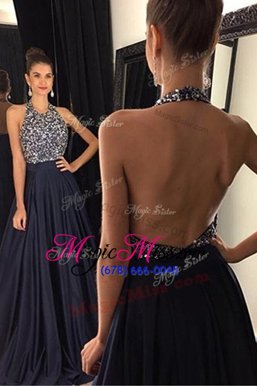 Vintage Halter Top Navy Blue Sleeveless Satin Sweep Train Backless Dress for Prom for Prom