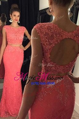 Mermaid Bateau Sleeveless Lace Going Out Dresses Beading and Appliques Sweep Train Backless