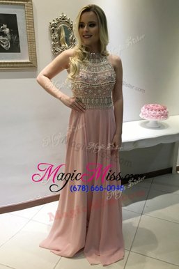 Artistic Scoop Sleeveless With Train Beading Backless Prom Dresses with Pink Sweep Train