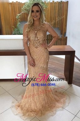 Designer Mermaid Lace Scoop Sleeveless Sweep Train Backless Beading in Champagne
