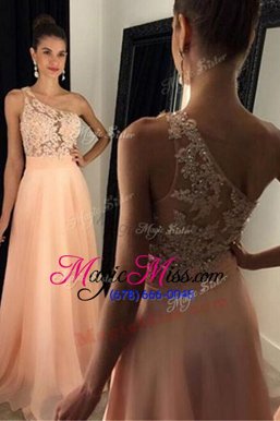 Extravagant One Shoulder Peach Sleeveless Beading and Lace Side Zipper Evening Dress
