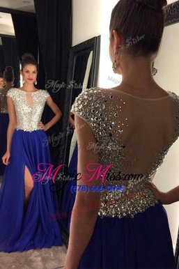 Beauteous Royal Blue Sleeveless Chiffon Sweep Train Side Zipper Prom Party Dress for Prom and Party
