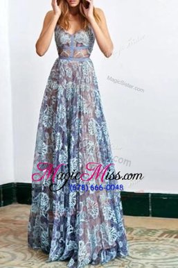Blue A-line Spaghetti Straps Sleeveless Lace Floor Length Backless Lace Dress for Prom
