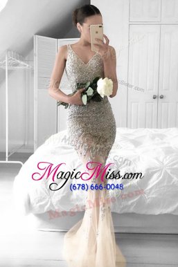 Cheap Mermaid Silver Dress for Prom Prom and For with Beading and Lace V-neck Sleeveless Sweep Train Zipper