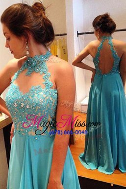 Charming Scoop Blue Sleeveless Sweep Train Beading and Appliques Dress for Prom