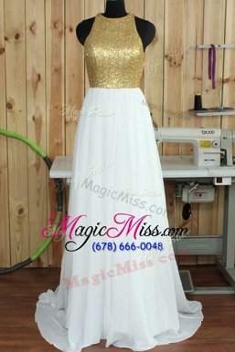 Dramatic Sequins White Dress for Prom Scoop Sleeveless Sweep Train Backless