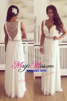 Glorious White Evening Dress Prom and For with Beading and Belt V-neck Sleeveless Zipper