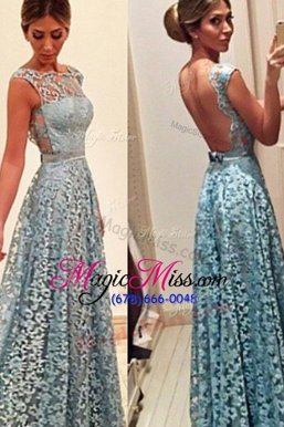 Fashion Turquoise Lace Backless Bateau Sleeveless Floor Length Dress for Prom Lace