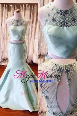 Cute Mermaid Scoop Beading and Sashes|ribbons Oscars Dresses Light Blue Backless Sleeveless Floor Length