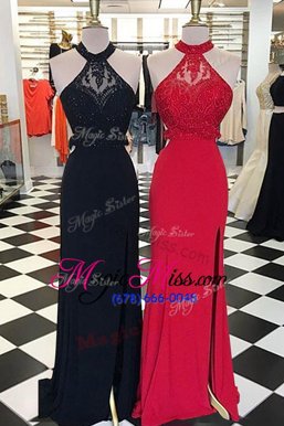 High Quality Black Column/Sheath Scoop Sleeveless Elastic Woven Satin With Train Sweep Train Backless Beading and Lace Prom Dress