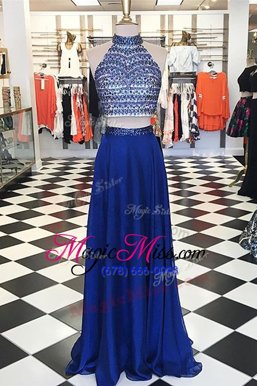 Royal Blue Zipper High-neck Beading Prom Dress Chiffon Sleeveless