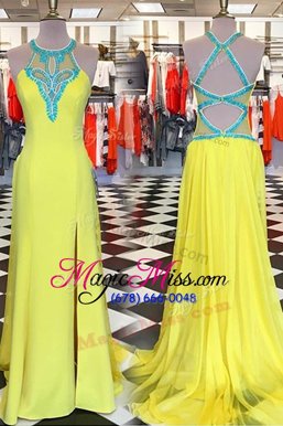 Nice Scoop Yellow Sleeveless With Train Beading Backless Prom Dress