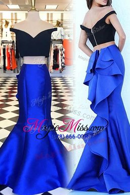 Enchanting Mermaid Off the Shoulder Royal Blue Short Sleeves Sweep Train Ruffles With Train Celebrity Evening Dresses