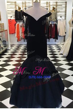 Smart Mermaid Floor Length Black Prom Dress Off The Shoulder Short Sleeves Zipper
