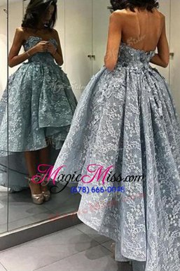 Suitable Grey Sleeveless Lace Backless Cocktail Dresses for Prom and Party