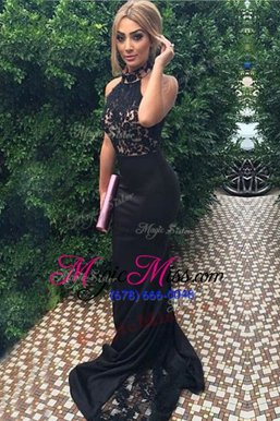 Modest Mermaid Black High-neck Neckline Lace and Appliques Prom Evening Gown Sleeveless Zipper