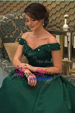Simple Floor Length Dark Green Ball Gown Prom Dress Off The Shoulder Short Sleeves Zipper
