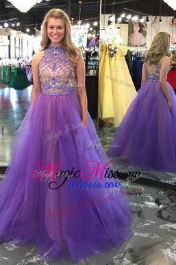 Edgy Scoop Sleeveless Evening Dress Floor Length Beading Lavender Tulle