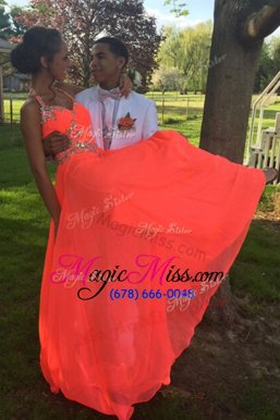 Sexy Halter Top Orange Backless Dress for Prom Beading Sleeveless With Train Sweep Train