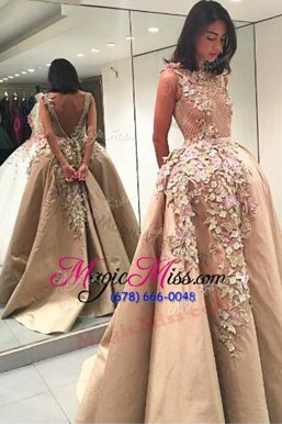 Artistic Champagne A-line Bateau Sleeveless Satin Floor Length Backless Lace and Appliques Military Ball Gown