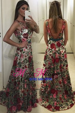 Modest Scoop Sleeveless With Train Lace and Pattern Backless Prom Evening Gown with Multi-color Sweep Train