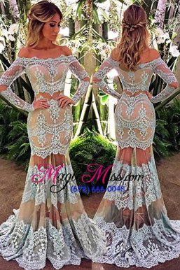 Mermaid Off the Shoulder Lace Dress for Prom Turquoise Zipper Long Sleeves Floor Length