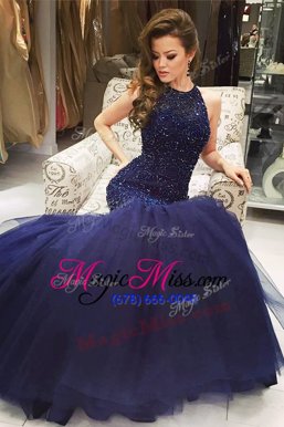 Popular Mermaid Scoop Floor Length Navy Blue Prom Evening Gown Tulle Sleeveless Beading