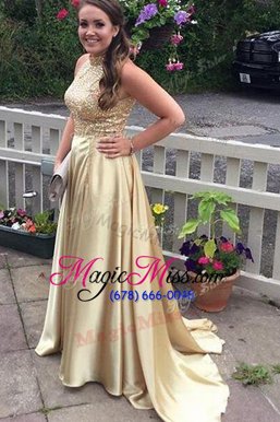 Artistic Gold Neckline Beading Prom Gown Sleeveless Backless