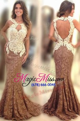 Delicate Mermaid Scoop Lace Sleeveless Appliques Backless Prom Party Dress with Brown Sweep Train