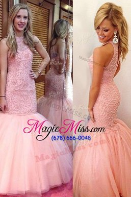 Elegant Mermaid Scoop Pink Sleeveless Tulle Backless Prom Dress for Prom and Party